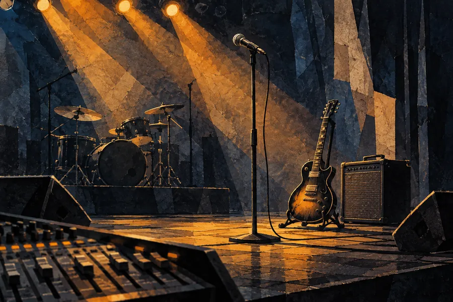 Editorial illustration of an empty club stage with guitar amplifier, vocal microphone and mixing-desk faders.