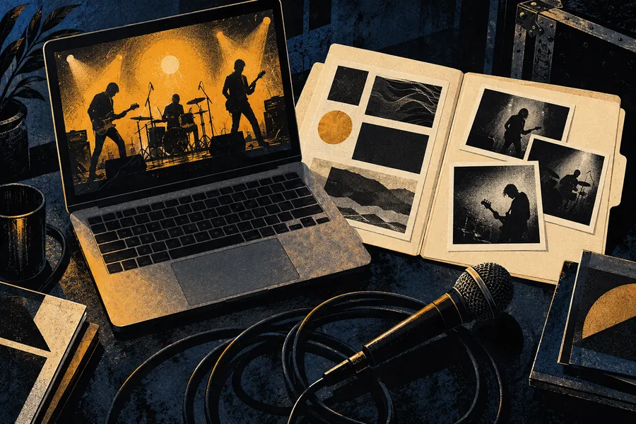Editorial illustration of a band's booking materials, a microphone and a laptop with an abstract live-performance image.