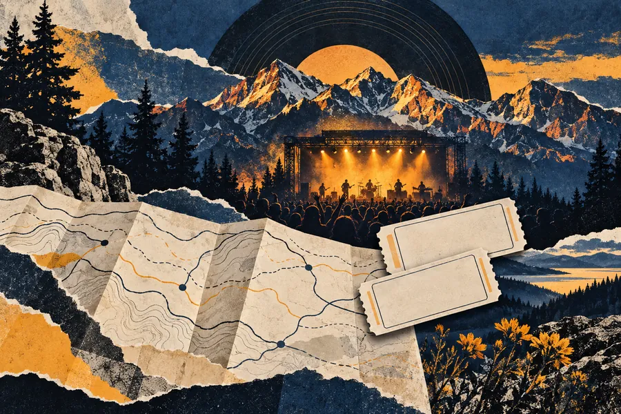 Editorial collage of a concert ticket, folded route map and Colorado-inspired mountain silhouettes.