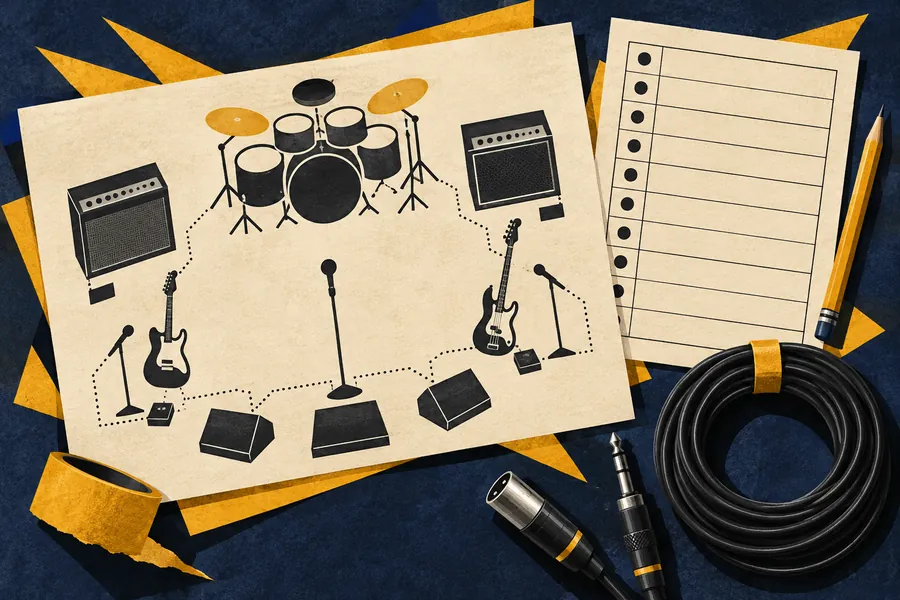 Editorial illustration of an overhead stage layout on paper beside microphones, cable connectors and a pencil.