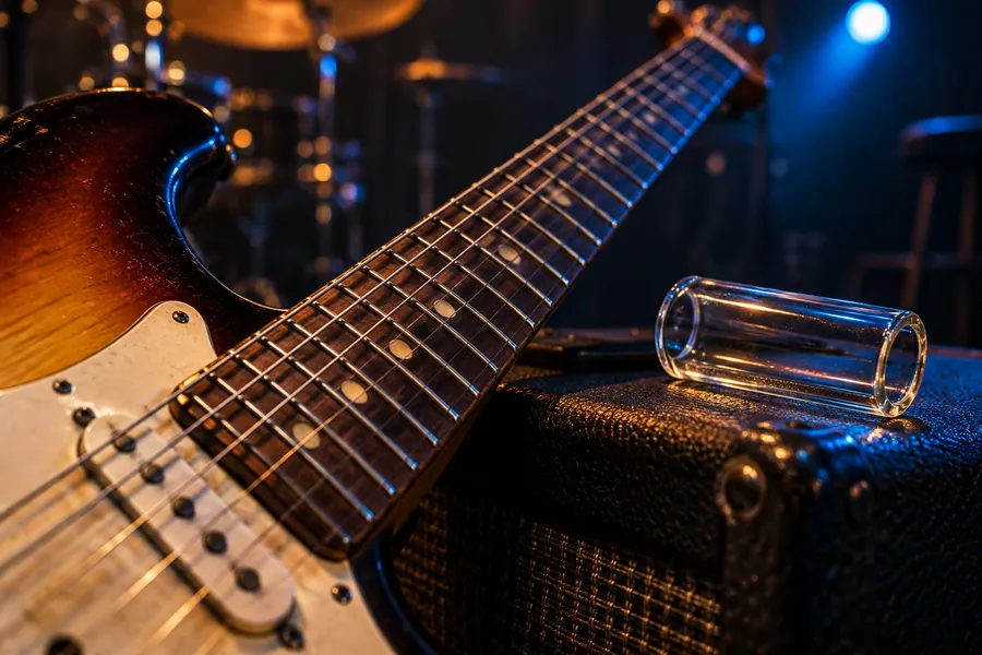 Illustrative close-up of a blues guitar and slide in warm stage light